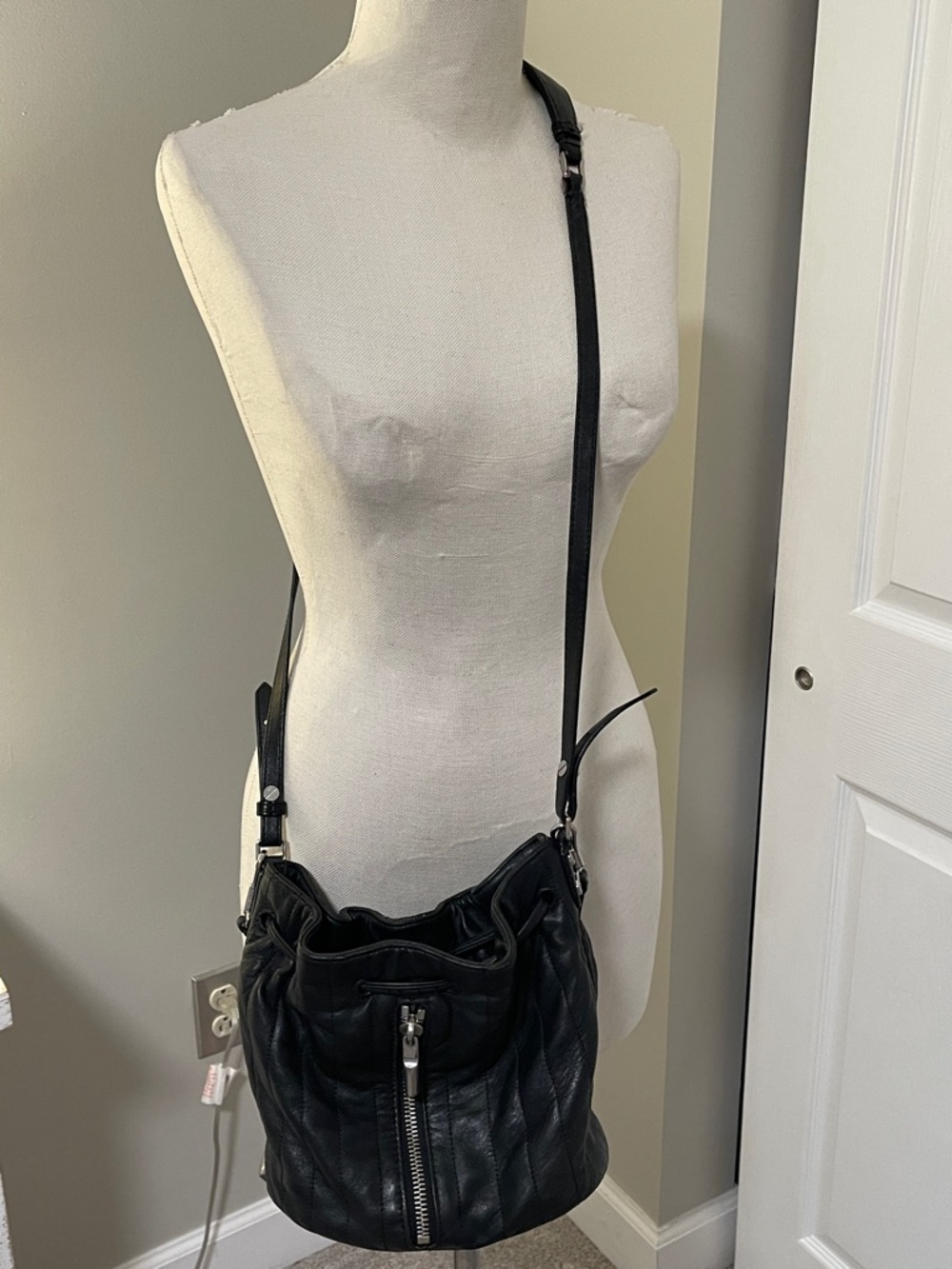 Elizabeth and James Black Quilted Nappa Leather Cynnie Bucket Bag Crossbody
